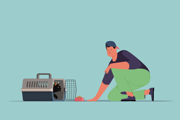 Minimalist Vector Illustration of Man Feeding Cat in Carrier.