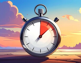 Stylized stopwatch against a warm-toned, painterly sunset sky. Time elapses, marked in red