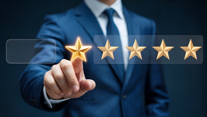 Businessman hand touching virtual golden star rating, customer service feedback satisfaction concept, 5 stars quality review evaluation interface, for business, marketing, web, success.