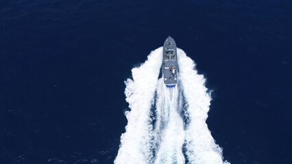 Israeli Navy Saar Missile Boat   Aerial view of an Israeli Navy Sa ar class missile boat sailing at high speed across open sea, Israel, November 2025.  © ImageBank4U