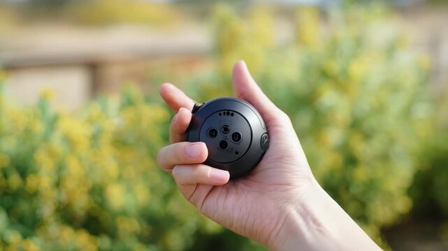 Portable electronic pest repeller held in hand showcasing compact design and easy use for outdoor pest control during camping or gardening activities.