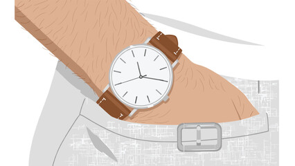 Stylish wristwatch with a brown leather strap is displayed on a man's wrist over gray pants, representing time and fashion.