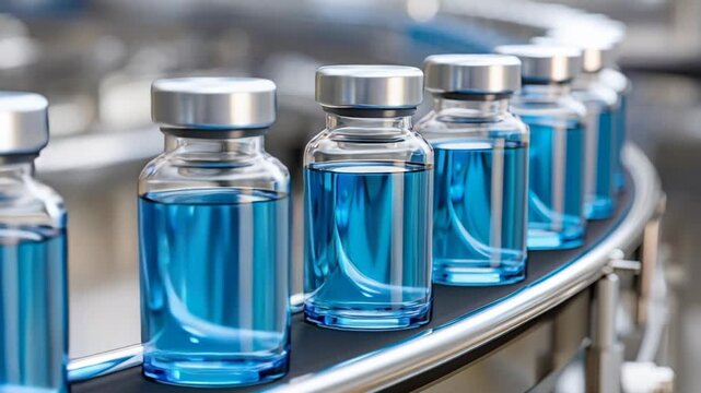 Pharmaceutical vials filled with blue liquid are moving along a conveyor belt in a factory.