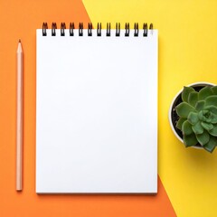 Blank spiral-bound notebook, pencil, and succulent on a vibrant orange and yellow background