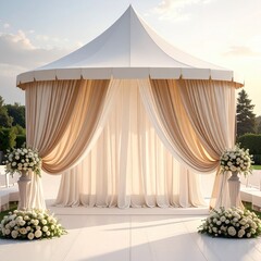 Elegant outdoor ceremony space under a white conical tent.  Soft beige and cream draped fabrics create a romantic backdrop.  Floral arrangements accent the elevated platform