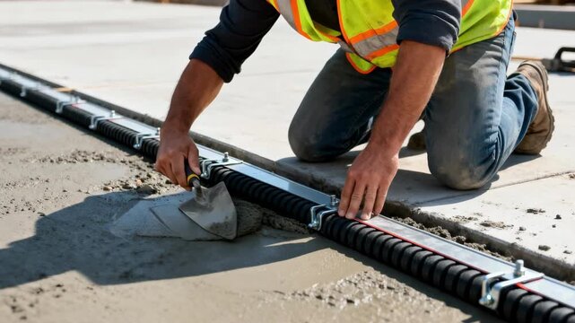 Worker fitting preformed expansion joint into fresh concrete slab to accommodate structural movement during construction