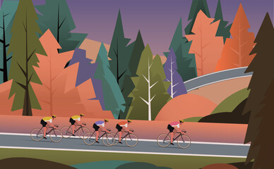 Minimalist Vector Illustration of Cyclists Riding Through Autumn Forest