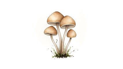 A watercolor illustration of a cluster of brown mushrooms with light stems growing from mossy ground.