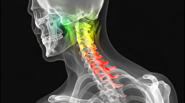 Human Skeleton XRay with Highlighted Cervical Spine and Neck Pain.