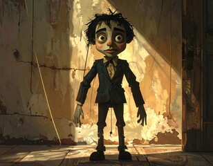 A puppet-like character stands in a dimly lit, weathered room. The puppet wears a suit and has strings attached to its head