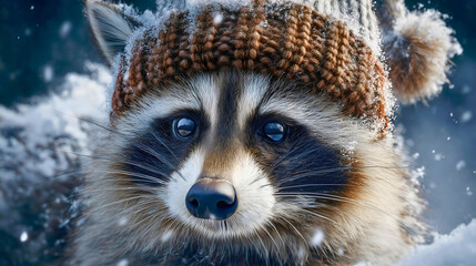 A cute raccoon wearing a brown knitted hat in winter snow, a funny wild animal portrait close-up, cold weather nature concept.