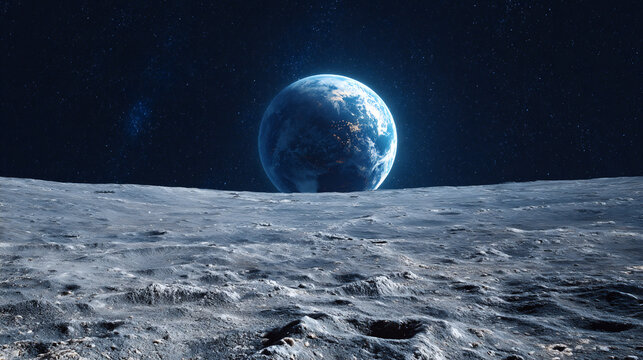 Earthrise from the Moon, Spectacular Lunar Landscape and Blue Planet View in Space