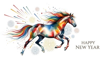 A vibrant, multi-colored horse galloping amidst abstract fireworks and "Happy New Year" text, celebrating the new year with dynamic energy.