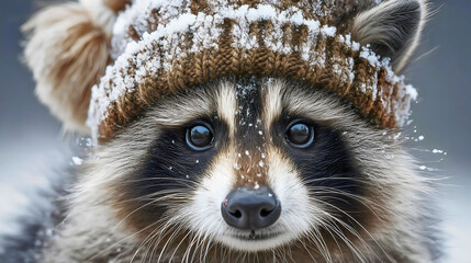 A cute raccoon face wearing a winter hat with warm sunlight, detailed wild animal portrait in snow, cold weather nature concept.