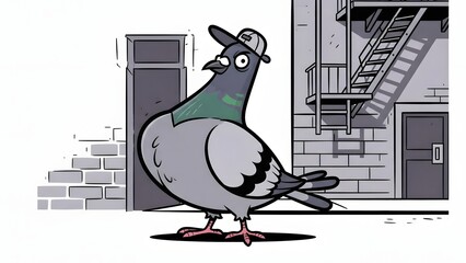 A humorous cartoon pigeon wearing a backward baseball cap stands confidently in a gritty urban alleyway.