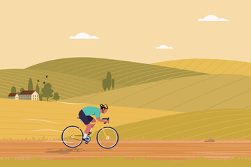 A cyclist in a teal top and blue shorts with a yellow helmet riding a yellow bicycle along a dirt path through golden-green hills under white clouds and birds, in a warm-toned dynamic countryside scen