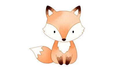 Fototapeta premium A cute, stylized, and adorable watercolor illustration of a baby fox sitting and looking forward with big eyes.