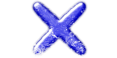 A vibrant blue 'X' symbol with a frosty, icy texture, glowing against a clean white background, representing a mark or cancellation.
