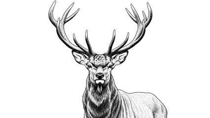 A detailed black and white sketch of a majestic stag with large antlers, facing forward with an intense gaze.