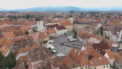 Fototapeta premium Aerial View Highlighting the Charm of Piața Mică and Surrounding Buildings, Sibiu, Romania