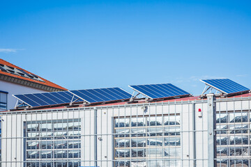 Solar panels on a roof of industrial building