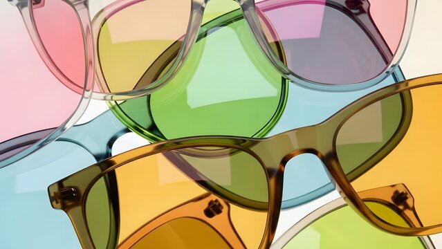 A vibrant and colorful collection of various sunglasses with different tinted lenses and frames, overlapping each other.