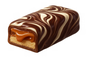 Chocolate bar with caramel filling and cookie base, covered in swirled chocolate icing, symbolizing sweet treat and indulgence