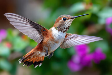 Obraz premium A rufous hummingbird hovers in midair with wings outstretched, showcasing intricate feather detail