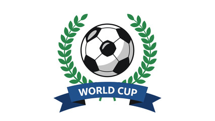 Soccer Football Ball with a Green Laurel Wreath and 'World Cup' Banner on an Isolated White Background