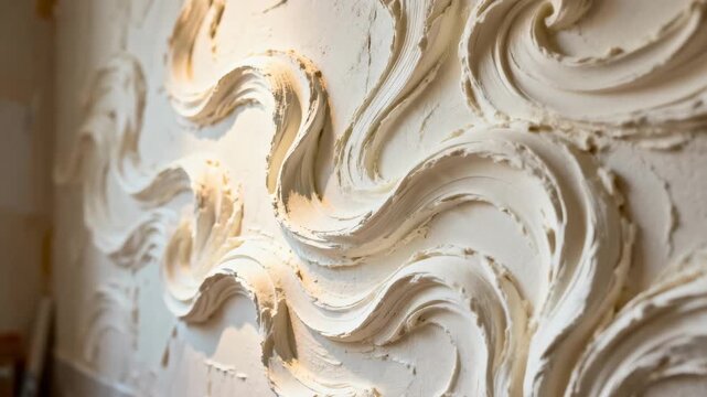 Medium shot showcasing detailed swirl plaster patterns being shaped highlighting the elegant flowing textures on the wall