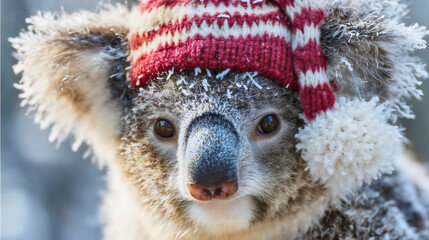 A close-up portrait of a koala wearing a striped Christmas hat, a cute wild animal face in winter snow, funny holiday nature concept.