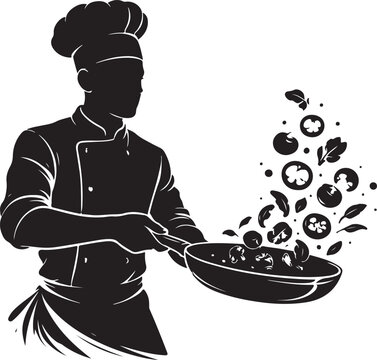 A silhouette of chef tossing vegetables in pan, culinary action, black vector