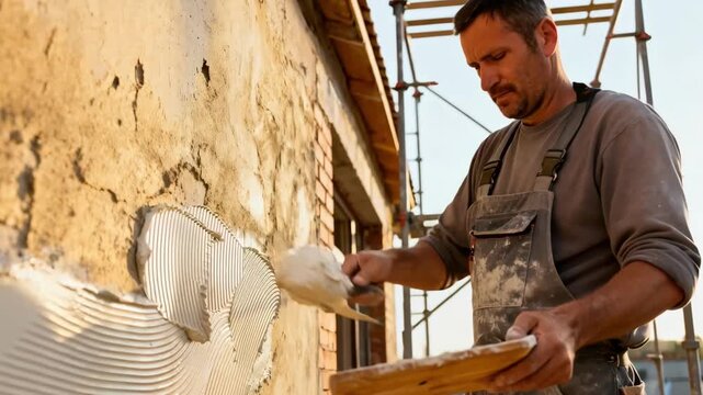 Medium shot of skilled artisan using a trowel and hawk to apply the first coat of stucco to an exterior wall surface with precision