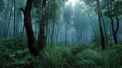 Obraz premium Misty bamboo forest with ferns and grasses, verdant, moody, tranquil scene