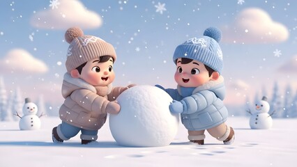 Two adorable cartoon children joyfully rolling a large snowball together in a snowy winter wonderland with falling snow and small snowmen.