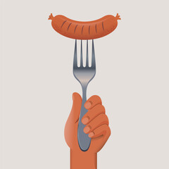 Minimalist vector illustration of an hand holding silver metal fork skewering brown sausage with twine ties against solid light gray background.