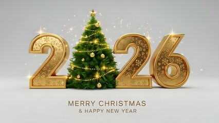 Festive 2026 Christmas and New Year Design with Golden 3D Numbers and Decorated Tree
