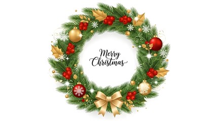 Elegant Christmas Wreath with Merry Christmas Calligraphy in Modern Flat Vector Style