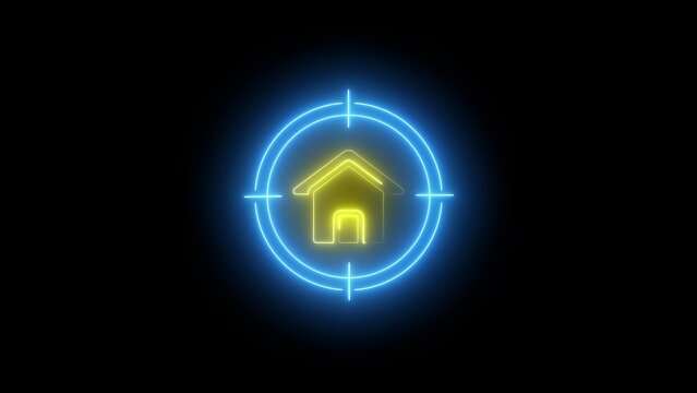 Glowing house in the center of a blue target symbol on a dark background yellow