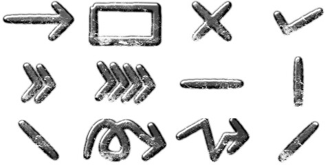 A diverse collection of metallic 3D rendered graphic symbols and directional arrows with a distressed texture, suitable for modern design.