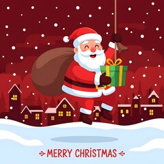 Cute Chubby Santa Claus Swinging with Gift in Festive Flat Vector Christmas Illustration