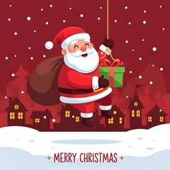 Cute Chubby Santa Claus Swinging with Gift in Festive Flat Vector Christmas Illustration