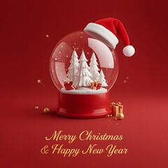 Festive Christmas Snow Globe with Santa Hat and Elegant Gold Decorations on Red Background