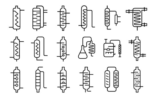 Different types of distillation columns and equipment line art