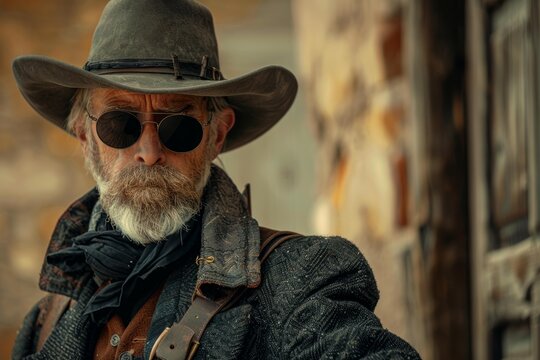 Portrait of a rugged, weathered cowboy with sunglasses and a hat, standing in a wild west setting