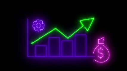 Neon glowing graph with upward arrow gear and dollar sign on dark background