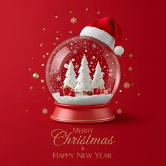 Festive Christmas Snow Globe with Santa Hat and Elegant Gold Decorations on Red Background