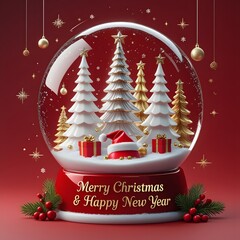 Festive Christmas Snow Globe with Santa Hat and Elegant Gold Decorations on Red Background