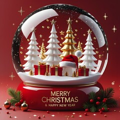 Festive Christmas Snow Globe with Santa Hat and Elegant Gold Decorations on Red Background