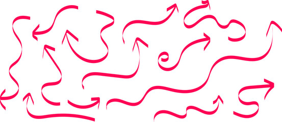 collection of hand drawn pink arrow doodle set and directional brush stroke element isolated on white background